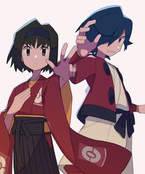  1boy alternate_color black_hair black_sash blue_hair buttons commentary_request erika_(pokemon) eyelashes falkner_(pokemon) female grey_eyes hair_over_one_eye hairband hakama hakama_skirt highres jacket japanese_clothes kimono looking_at_viewer open_clothes open_jacket outstretched_arm parted_lips poke_ball_print pokemon pokemon_masters_ex red_jacket red_kimono sash short_hair simple_background skirt tyako_089 white_background wide_sleeves 