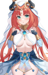  aqua_eyes bare_shoulders blue_skirt blush breasts breasts_apart brooch commentary_request cowboy_shot detached_sleeves fake_horns female genshin_impact highres horns jewelry large_breasts long_hair long_sleeves looking_at_viewer midriff navel neck_ring nilou_(genshin_impact) nyuu_(pixiv12143565) parted_lips red_hair simple_background skirt solo standing stomach thighs very_long_hair white_background 