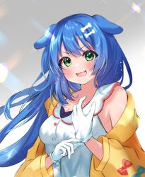  :3 :d alternate_eye_color alternate_hair_color bare_shoulders blue_hair bone_hair_ornament breasts buttons commentary_request fangs female gloves green_eyes hair_ornament highres hololive inugami_korone inugami_korone_(1st_costume) jacket light_blush long_hair putting_on_gloves smile solo sonic_(series) sonic_the_hedgehog takumin_dx upper_body v-shaped_eyebrows virtual_youtuber white_gloves yellow_jacket 