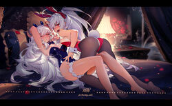  2girls absurdres animal_ears anna_(burst_witch) armpits arms_up barefoot blue_leotard blush burst_witch commentary fake_animal_ears flower han-0v0 highres leotard long_hair looking_at_viewer looking_back multiple_girls on_bed pantyhose pillow playboy_bunny rabbit rabbit_ears rabbit_tail red_eyes red_flower red_leotard red_ribbon red_rose ribbon rose sibyl_(burst_witch) tail thigh_strap white_hair yellow_eyes 