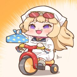  azur_lane bache_(azur_lane) bad_id bad_pixiv_id blonde_hair chibi eyelashes eyewear_on_head female full_body hand_up head_scarf holding long_sleeves motion_lines oerba_yun_fang open_mouth orange_background purple_eyes red-tinted_eyewear riding sailor_collar shoes sitting smile socks solo sunglasses takato_kurosuke tinted_eyewear tricycle white_background white_socks wrapped_bento 