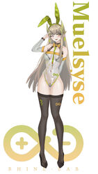  ;d absurdres alternate_costume animal_ears arknights arm_behind_back armpit_crease bare_shoulders black_thighhighs blunt_bangs blush bow bowtie breasts brown_hair character_name chinese_commentary cola-alter collarbone commentary_request covered_navel cross detached_sleeves elf fake_animal_ears female full_body greek_cross green_hairband grey_leotard hairband highres infinity_symbol leotard long_hair long_sleeves looking_at_viewer medium_breasts minus_sign mole mole_under_eye muelsyse_(arknights) one_eye_closed open_mouth playboy_bunny plus_sign pointy_ears rabbit_ears simple_background smile solo standing thigh_gap thighhighs traditional_bowtie very_long_hair white_background yellow_bow yellow_bowtie yellow_eyes 