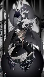  2girls black_dress black_hair black_theme black_wings brown_hair cardcaptor_sakura clamp_(circle)_(style) closed_mouth collarbone commentary dark_(clow_card) dress edoya_inuhachi falling_petals green_eyes hand_up highres holding holding_wand hoshi_no_tsue kinomoto_sakura long_hair long_sleeves magical_girl multiple_girls official_style petals puffy_long_sleeves puffy_sleeves short_hair symbol-only_commentary wand wings 