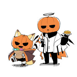  1boy animal_ears arknights bag black_pants black_shorts brown_cape candy cape chibi coat detached_wings ears_through_headwear energy_wings executor_(arknights) female food fox_ears fox_tail halloween halo holding holding_bag holding_plate pants paper_bag plate pumpkin_on_head shorts simple_background soppos standing standing_on_one_leg tail twitter_username v-shaped_eyes vermeil_(arknights) white_background white_coat wings 