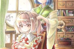  2girls blue_hair blush checkered_clothes checkered_kimono commentary_request green_kimono hakama hakama_skirt hieda_no_akyuu highres hisako_(6anmbblfnjueeff) japanese_clothes kimono layered_clothes layered_kimono long_skirt long_sleeves motoori_kosuzu mouth_hold multiple_girls off_shoulder phonograph protected_link purple_ribbon record red_eyes red_hair red_skirt ribbon round_window short_hair skirt smile touhou traditional_media twintails two_side_up wide_sleeves window 