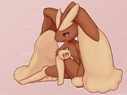  animal_ears animal_nose bad_id bad_pixiv_id black_sclera blush body_fur brown_fur closed_mouth collarbone colored_sclera commentary_request female flat_chest full_body furry furry_female half-closed_eyes hand_up highres knee_up light_blush looking_at_viewer lopunny mentaiko_jojotarou outline partial_commentary pink_background pink_eyes pokemon pokemon_(creature) rabbit_ears rabbit_girl simple_background sitting snout solo two-tone_fur yellow_fur yellow_outline 