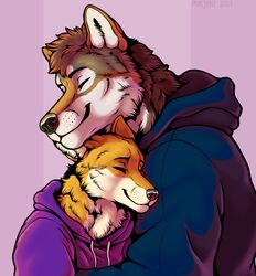  2021 anthro blue_clothing canid canine canis closed_eyes clothing duo female fox hi_res hoodie male mammal marjani purple_clothing simple_background smile topwear wolf 