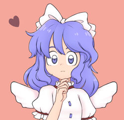  :| angel_wings blue_eyes blue_hair bow breasts buttons closed_mouth commentary dress feathered_wings female frilled_sleeves frills hairbow hand_on_own_chin heart highres keb00b light_blue_hair looking_at_viewer mai_(touhou) medium_hair pink_background puffy_short_sleeves puffy_sleeves short_sleeves simple_background small_breasts solo touhou touhou_(pc-98) upper_body white_bow white_dress white_wings wings 