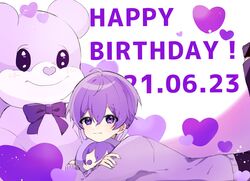  1boy ahoge animal animal_ears animal_hood black_footwear black_pants character_doll closed_mouth commentary_request dated double-parted_bangs english_text feet_out_of_frame hand_on_own_arm happy_birthday heart highres hood hood_up hosizora_(sparetime) hugging_object leg_up limited_palette looking_at_viewer lying male_focus nanamori_(stpri) necktie on_stomach oversized_animal pants protected_link purple_background purple_eyes purple_hair purple_ribbon purple_shirt purple_theme rabbit_ears ribbon shirt short_hair simple_background solo strawberry_prince stuffed_animal stuffed_toy teddy_bear two-tone_background utaite white_background 