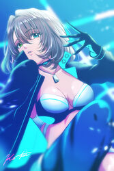  asymmetrical_legwear bikini bikini_top_only bikini_under_clothes black_choker blue_eyes blue_pantyhose blurry breasts choker cleavage collarbone dance_on_the_galaxy_(idolmaster) depth_of_field dog_tags female green_eyes green_hair hand_up heterochromia highres idolmaster idolmaster_cinderella_girls idolmaster_cinderella_girls_starlight_stage jacket jewelry knee_up koya_(koya_x_00) long_sleeves looking_at_viewer medium_breasts midriff mole mole_under_eye multicolored_clothes multicolored_jacket necklace open_clothes open_jacket pantyhose parted_lips short_hair signature single_bare_leg single_leg_pantyhose smile solo swimsuit takagaki_kaede two-sided_fabric two-sided_jacket two-tone_bikini two-tone_gloves two-tone_jacket 