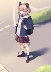  alternate_costume animal_ears backpack bag black_bag blue_jacket blue_socks bow bowtie brown_footwear commentary contemporary day female full_body grey_hair hood hoodie jacket loafers long_sleeves mouse_ears mouse_tail nazrin outdoors plaid plaid_skirt pleated_skirt red_bow red_bowtie red_eyes red_skirt school_uniform shirt shoes short_hair skirt socks solo tail tomobe_kinuko touhou white_hoodie white_shirt 