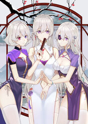  3girls absurdres braid breasts china_dress chinese_clothes cleavage closed_mouth dress earrings eyepatch feet_out_of_frame folded_fan folding_fan hand_fan heterochromia highres holding holding_fan jewelry long_hair looking_at_viewer medium_breasts multiple_girls n.s.egg navel panties purple_dress purple_eyes red_eyes ring short_hair side-tie_panties sirius_(warship_girls_r) small_breasts smile standing thighhighs thighs twin_braids underwear warship_girls_r white_dress white_hair white_legwear 