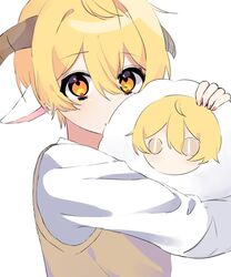  1boy animal_ears blonde_hair blush commentary highres horns hosizora_(sparetime) hugging_object looking_at_viewer male_focus protected_link root_(stpri) school_uniform sheep_boy sheep_ears sheep_horns strawberry_prince stuffed_animal stuffed_toy symbol-only_commentary utaite white_background yellow_eyes 