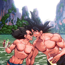  2boys abs bara black_eyes black_hair couple cup dragon_ball dragon_ball_z drinking_glass drinking_straw highres holding_hands long_hair looking_at_another male_focus multiple_boys muscular muscular_male nipples noses_touching open_mouth outdoors pectorals photoshop_(medium) smile son_goku spiked_hair sunglasses supobi swimsuit topless_male upper_body vegeta water yaoi 