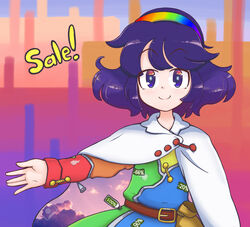  abstract_background belt brown_belt cape cloak closed_mouth cloud_print dress english_text female hairband happy highres keb00b long_sleeves multicolored_background multicolored_clothes multicolored_dress multicolored_hairband patchwork_clothes purple_eyes purple_hair rainbow_gradient short_hair sky_print smile tenkyuu_chimata touhou two-sided_cape two-sided_fabric watermark white_cloak yellow_bag zipper zipper_pull_tab 