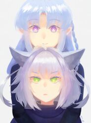  2girls ahoge animal_ears atalanta_(fate) atalanta_alter_(dear_friend)_(fate) atalanta_alter_(fate) black_shirt blue_hair fate/grand_order fate_(series) green_eyes grey_background grey_hair highres hug hug_from_behind long_hair medea_(dear_friend)_(fate) medea_(fate) multiple_girls pointy_ears purple_eyes shirt short_hair simple_background smile sweater tsuruori_minato turtleneck turtleneck_sweater 