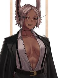  abs absurdres alternate_hairstyle animal_ears belt belt_buckle black_jacket blush boku_no_hero_academia breasts breasts_apart buckle buttons collarbone collared_shirt dark-skinned_female dark_skin ear_piercing eyelashes female grey_hair gud0c highres jacket looking_at_viewer mirko no_bra open_clothes open_shirt piercing rabbit_ears rabbit_girl red_eyes shirt slit_pupils smile solo tongue tongue_out wing_collar 