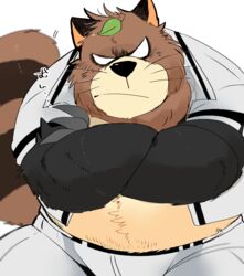  2020 angry anthro baseball_(sport) baseball_uniform belly black_nose bottomwear brown_body brown_fur canid canine clothed clothing dorabase doraemon fur hyaku_(artist) kemono leaf male mammal open_clothing open_topwear overweight overweight_anthro overweight_male pants pokoemon_(character) raccoon_dog solo sport sportswear tanuki topwear uniform 