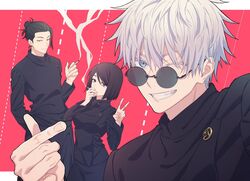  2boys black_eyes black_hair black_jacket black_pants blue_eyes cigarette closed_mouth cowboy_shot female gakuran getou_suguru gojou_satoru grin hair_between_eyes hair_bun hair_pulled_back hand_in_pocket hand_up highres holding holding_cigarette ieiri_shoko jacket jujutsu_kaisen long_sleeves looking_at_viewer mole mole_under_eye multiple_boys one_eye_closed pants protected_link red_background round_eyewear school_uniform short_hair single_hair_bun smile smoke smoking standing sunglasses swept_bangs tsurime tsuu_(tu-3) upper_body v white_hair 