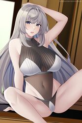  armpits aslindsamure banned_artist bare_shoulders blue_eyes blush bra breasts cleavage competition_swimsuit covered_navel eyebrows_visible_through_hair feet_out_of_frame female fx-05_(girls&#039;_frontline) girls&#039;_frontline grey_hair hand_on_floor hand_on_own_head highres large_breasts long_hair looking_at_viewer on_floor one-piece_swimsuit open_mouth panties patreon_username simple_background sitting solo swimsuit underwear white_bra white_panties white_swimsuit 