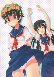  2girls :d ^_^ absurdres assisted_exposure black_hair blue_sailor_collar brown_eyes closed_eyes clothes_lift collarbone empty_eyes false_smile flower hair_flower hair_ornament head_wreath highres hyuuga_azuri long_hair looking_at_viewer midriff_peek multiple_girls navel neckerchief open_mouth paint.net_(medium) panties panty_peek pleated_skirt polka_dot polka_dot_panties red_neckerchief sailor_collar sakugawa_school_uniform saten_ruiko school_uniform serafuku shaded_face short_hair skirt skirt_lift smile summer_uniform toaru_kagaku_no_railgun toaru_majutsu_no_index uiharu_kazari underwear 