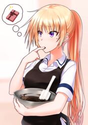  alternate_hairstyle apron black_apron blonde_hair christiane_friedrich collared_shirt commentary dress_shirt female finger_to_mouth hair_between_eyes highres ikki_(tue_sein_bestes) index_finger_raised long_hair maji_de_watashi_ni_koi_shinasai! mole mole_under_eye pink_background ponytail purple_eyes shirt short_sleeves solo thought_bubble upper_body very_long_hair white_shirt wing_collar 