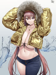  artist_name asymmetrical_clothes asymmetrical_legwear bomber_jacket breasts brown_eyes brown_hair cleavage closed_mouth collarbone cowboy_shot denim female fur-trimmed_jacket fur_trim gold_jacket hair_between_eyes hands_on_own_head hands_up highres hood hood_up hooded_jacket huge_breasts jacket jeans jewelry long_hair long_sleeves looking_at_viewer midriff navel necklace oekakizuki original pants single_pantsleg solo standing uneven_legwear very_long_hair water zipper zipper_pull_tab 