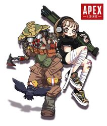  1other apex_legends axe bird black_shirt black_shorts bloodhound_(apex_legends) brown_eyes brown_hair camouflage_footwear copyright_name crop_top crow energy_gun female goggles gun headphones helmet highres holding holding_axe holding_gun holding_weapon licking_lips logo m1904_mastiff midriff navel original over_shoulder purple_eyes pushi. raven&#039;s_bite rebreather shirt shoes shorts shotgun simple_background smile sneakers tongue tongue_out weapon weapon_over_shoulder white_background 