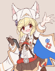  :d animal_ear_fluff animal_ears animal_hat arm_up bad_id bad_pixiv_id belt belt_buckle blonde_hair blush brown_background brown_footwear brown_gloves brown_skirt buckle center_frills commentary_request fake_animal_ears female fingerless_gloves frills fur_collar fur_hat girls&#039;_frontline gloves hair_between_eyes hat highres holding jacket jacket_on_shoulders long_hair long_sleeves matsuo_(matuonoie) nagant_revolver_(girls&#039;_frontline) nagant_revolver_(mod3)_(girls&#039;_frontline) open_mouth pleated_skirt red_belt red_eyes ribbon shirt simple_background single_glove skirt smile solo standing standing_on_one_leg star_(symbol) ushanka white_hat white_jacket white_shirt 