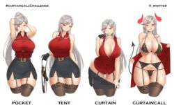  absurdres adjusting_hair armpits arms_behind_head arms_up bad_id bad_pixiv_id biting black_bra black_gloves black_legwear black_skirt blush bra breasts cleavage closed_mouth collarbone curtain_call_challenge_(meme) demon_girl demon_horns demon_tail female garter_belt glove_biting gloves gradient_hair grey_hair highres horns large_breasts lips long_hair looking_at_viewer meme miniskirt mole mole_on_breast mole_under_eye multicolored_hair multiple_views one_eye_closed original panties parted_lips pencil_skirt pointy_ears ponytail red_eyes red_hair skirt smile string_panties swept_bangs tail thigh_gap thighhighs underwear undressing whitter wide_hips 