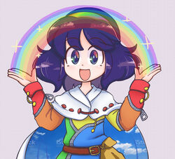  :d belt blue_hair cape cloak commentary dress female hairband happy keb00b multicolored_clothes multicolored_dress multicolored_eyes multicolored_hairband open_mouth patchwork_clothes rainbow rainbow_gradient sky_print smile solo tenkyuu_chimata touhou two-sided_cape two-sided_fabric watermark white_cape zipper 