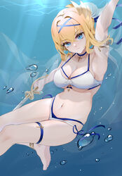  absurdres air_bubble anklet arm_up armlet armpits azur_lane bad_id bad_pixiv_id barefoot bikini blonde_hair blue_bikini blue_choker blue_eyes blue_ribbon breasts bubble choker cleavage commentary_request cross cross_choker crossed_bangs female foot_out_of_frame hair_between_eyes hair_ribbon head_tilt highres holding holding_sword holding_weapon jeanne_d&#039;arc_(azur_lane) jeanne_d&#039;arc_(saintess_of_the_sea)_(azur_lane) jewelry large_breasts layered_bikini looking_at_viewer medium_hair navel official_alternate_costume ribbon side-tie_bikini_bottom solo stomach swimsuit sword thigh_strap underboob underwater weapon white_bikini wucanming 