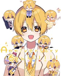  1boy anniversary blonde_hair blush chibi facing_viewer heart highres hosizora_(sparetime) looking_at_viewer male_focus multiple_views open_mouth protected_link root_(stpri) school_uniform short_hair simple_background smile strawberry_prince utaite white_background yellow_eyes 