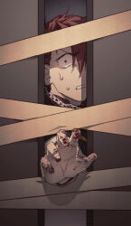 1boy blood blood_on_hands chains constricted_pupils highres hswoimuxk0pwr0h_(bbdan) looking_at_viewer male_focus reaching reaching_towards_viewer red_hair short_hair solo sweat tape umineko_no_naku_koro_ni ushiromiya_battler v-shaped_eyebrows 