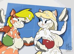  2025 absurd_res amy_the_squirrel animaniacs anthro big_breasts bikini blonde_hair breasts clothed clothing cream_(disambiguation) dessert digital_media_(artwork) duo eric_schwartz eyeshadow female female/female food food_fetish food_fight food_play frosting fur green_bikini green_clothing green_swimwear hair hi_res makeup mammal messy minerva_mink mink mustelid musteline pastry pie_(food) pie_fight pie_tin red_bikini red_clothing red_swimwear rodent sabrina_online sciurid sebaku simple_background slightly_chubby smile swimwear topwear tree_squirrel true_musteline two-piece_swimsuit wam warner_brothers white_body white_fur 