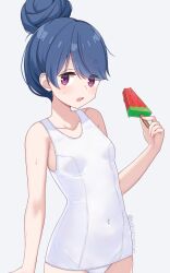  blue_hair blush breasts commentary_request covered_navel female food hair_bun highres holding holding_food holding_popsicle looking_at_viewer nekosination one-piece_swimsuit open_mouth popsicle purple_eyes school_swimsuit shima_rin simple_background single_hair_bun small_breasts solo swimsuit upper_body watermelon_bar white_background white_one-piece_swimsuit yurucamp 