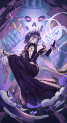  absurdres artist_name bangle black_gloves black_shirt bracelet breasts bridal_gauntlets center_opening character_name cloak clothing_cutout commentary crown female fingernails floating full_body ghost gloves glowing glowing_eyes gold_trim granblue_fantasy grin hair_between_eyes hair_over_shoulder hand_up highres hood hooded_cloak jewelry knees_up lich lich_(granblue_fantasy) long_coat looking_at_viewer medium_hair open_mouth purple_eyes purple_hair purple_nails sharp_fingernails sharp_teeth shirt sideboob single_bare_shoulder single_off_shoulder sleeveless sleeveless_turtleneck small_breasts smile smoke solo staff teeth turtleneck yoruyume 