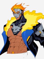  1boy abs absurdres alternate_costume bare_pectorals commentary_request cropped_torso dark-skinned_male dark_skin emiya_izumi fire groin highres jacket lapels male_focus mask navel open_clothes open_jacket orange_eyes orange_hair overwatch pectorals reaper_(overwatch) simple_background solo two-sided_fabric two-sided_jacket white_background wolf_ornament 