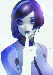  absurdres android asymmetrical_hair blue_eyes blue_lips bodypaint breasts demi_(subverse) detached_collar earrings english_commentary female highres jewelry metal_skin multicolored_hair painted_clothes shirt short_hair simple_background solo subverse two-tone_hair white_shirt xuuikie_ashe 