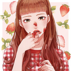  black_eyes blunt_bangs brown_hair checkered_clothes checkered_shirt commentary female fingernails flower food food_on_face fruit fruit_background hand_up highres jam licking licking_finger lipstick long_hair looking_at_viewer makeup original parted_lips red_lips red_shirt shirt solo straight-on strawberry strawberry_blossoms symbol-only_commentary tsunko_(9v2_q) unmoving_pattern upper_body 