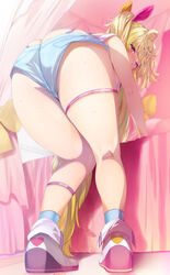  ass bad_id bad_twitter_id bare_shoulders bed blonde_hair blue_shorts blue_socks breasts crop_top female front-tie_top fumihiko_(fu_mihi_ko) hair_ribbon heterochromia highleg highres hoshikawa_sara hoshikawa_sara_(1st_costume) jacket kneepits leaning_forward long_hair looking_at_viewer looking_back nijisanji open_clothes orange_eyes red_eyes ribbon shirt short_shorts shorts side_ponytail sleeveless sleeveless_shirt socks solo strap_slip thigh_strap thighs very_long_hair virtual_youtuber white_background 