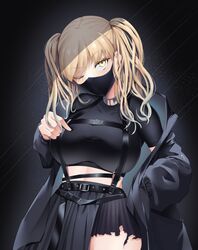  black_background black_jacket black_mask black_shirt black_skirt blonde_hair breasts commentary crop_top enryuu_(rmxs3488) female hand_in_pocket harness highres jacket large_breasts long_hair mask mouth_mask nijisanji off_shoulder one_eye_closed shirt sister_claire sister_claire_(9th_costume) skirt solo torn_clothes torn_skirt twintails virtual_youtuber yellow_eyes 