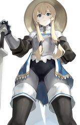  arm_behind_back armor blonde_hair blue_eyes breastplate commentary_request female from_below gauntlets golden_crown_guardian_(km_yama) hand_on_hilt helmet highres km_yama looking_at_viewer original shorts solo thighhighs wavy_mouth white_background 