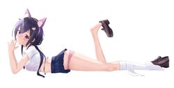  animal_ears barefoot black_hair blue_skirt bra_visible_through_clothes breasts cat_ears crop_top fake_animal_ears female from_side full_body hair_ornament hairband hands_up highres joko_jmc kneehighs leg_up loafers long_hair looking_at_viewer looking_to_the_side low_twintails lying medium_breasts microskirt midriff on_stomach original panties pink_panties pleated_skirt purple_eyes revealing_clothes see-through shirt shoe_dangle shoes short_sleeves simple_background skirt socks solo the_pose thighs twintails underwear unworn_legwear white_background white_shirt white_socks 