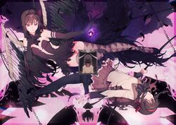  3girls absurdres akemi_homura akemi_homura_(magical_girl) akuma_homura argyle_clothes argyle_legwear bare_shoulders black_dress black_feathers black_footwear black_gloves black_hair black_pantyhose black_thighhighs black_wings bow bowtie breasts brown_skirt chains chinese_commentary choker cleavage closed_mouth collared_shirt commentary dark_orb_(madoka_magica) dark_persona drawing_(object) dress dual_persona elbow_gloves feathered_wings feathers gem glasses gloves hair_ribbon hairband hairbow hand_on_own_chest highres iei juliet_sleeves kaname_madoka layered_sleeves long_hair long_sleeves looking_at_another looking_at_viewer looking_down mahou_shoujo_madoka_magica mahou_shoujo_madoka_magica:_hangyaku_no_monogatari mitakihara_school_uniform multiple_girls pantyhose pink_hair pink_wings pleated_skirt puffy_sleeves purple_eyes purple_gemstone qiuyun62303677 red-framed_eyewear red_bow red_bowtie red_ribbon ribbon school_uniform shirt sidelocks skirt sleeveless sleeveless_dress small_breasts smile soul_gem sweater swept_bangs thighhighs ultimate_madoka white_choker white_dress wings yellow_shirt 