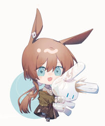  :3 :d amiya_(arknights) animal_ears arknights belt blue_eyes brown_hair chibi crown ear_piercing female full_body green_jacket hair_between_eyes highres holding idass_(idass16) jacket long_sleeves off_shoulder open_mouth piercing ponytail rabbit rabbit_ears rabbit_girl scrunchie see-through simple_background smile solo sparkle standing standing_on_one_leg toy two-tone_background white_background white_legwear 