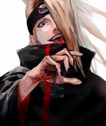  1boy akatsuki_uniform blonde_hair blue_eyes deidara_(naruto) extra_mouth forehead_protector hair_over_one_eye hand_mouth highres long_hair male_focus momota_ro5555 naruto_(series) naruto_shippuuden open_mouth solo tongue tongue_out uniform white_background 