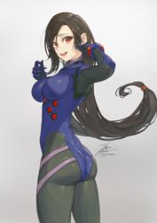  :d alternate_costume ass black_hair bodysuit breasts brown_hair cosplay crossover fadingz female final_fantasy final_fantasy_vii hands_up highres long_hair looking_at_viewer looking_back low-tied_long_hair medium_breasts neon_genesis_evangelion pilot_suit pixiv_id plugsuit ponytail purple_bodysuit red_eyes science_fiction signature smile solo standing teeth tifa_lockhart upper_teeth_only 