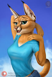  4_fingers anthro black_clothing black_panties black_underwear blue_bottomwear blue_clothing blue_eyes blue_jeans blue_pants blue_shirt blue_sky blue_t-shirt blue_topwear bottomwear caracal caracal_(genus) clothed clothing cloud denim denim_bottomwear denim_clothing felid feline female fingers fur hi_res inner_ear_fluff jeans looking_at_viewer mammal neck_tuft open_mouth orange_body orange_fur panties pants shirt simple_background sky smile solo t-shirt teeth text topwear tuft underwear url vestina 