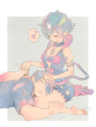  1boy bare_arms barefoot breasts chest_jewel eyepatch female full_body gloves grey_background hand_on_another&#039;s_leg heart highres lap_pillow medium_breasts natto_soup pandoria_(xenoblade) shirt short_sleeves sitting sleeping soles speech_bubble toes wariza white_background xenoblade_chronicles_(series) xenoblade_chronicles_2 zeke_von_genbu_(xenoblade) 